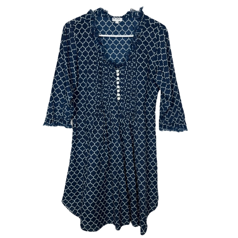 At Last Blue Moroccan Tile Print Tunic Dress Boho Coastal Grandmother Cottage 8